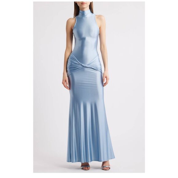 Delfi Collective Roya saphire blue Ruched Twisted  Satin Maxi Dress - Picture 3 of 14